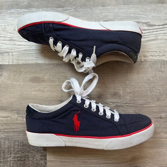 Polo Ralph Lauren Canvas Sneakers Navy White Red Trim Low Top Size 9 - Picture 1 of 6